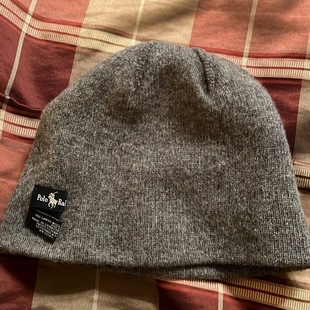Ralph Lauren Polo Lambswool Blend Beanie Embroidered Hat Cap gray orange cap EUC